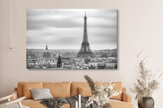 Peinture sur toile Vue aérienne de la Tour Eiffel à Paris - noir et blanc - 180x120 cm - Décoration murale XXL