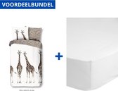 Dekbedovertrek voor Kinderen - Eenpersoons - 140x200/220cm - Inclusief 1 Kussensloop - 100% Versterkt Katoen - Giraffe + Zachte Katoenen Hoeslaken - 90x200cm - Wit