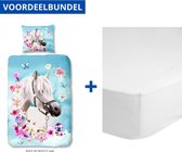 Dekbedovertrek voor Kinderen - Eenpersoons - 140x200/220cm - Inclusief 1 Kussensloop - 100% Versterkt Katoen - Unicorn Roze + Zachte Katoenen Hoeslaken - 100x200cm - Wit