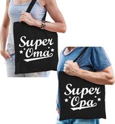 Super Opa en Oma tasje zwart - Cadeau boodschappentasjes set voor Opa en Oma - Cadeau Opa en Oma