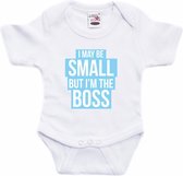 Small but the boss tekst baby rompertje blauw/wit jongens - Kraamcadeau - Babykleding 92 (18-24 maanden)