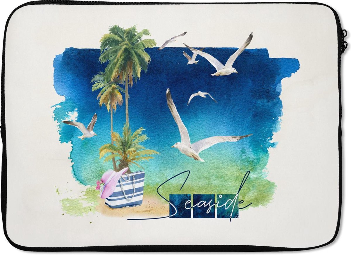 Laptophoes 14 inch - Vogel - Palmboom - Lucht - Strand - Laptop sleeve - Binnenmaat 33x23 cm - Zwarte achterkant