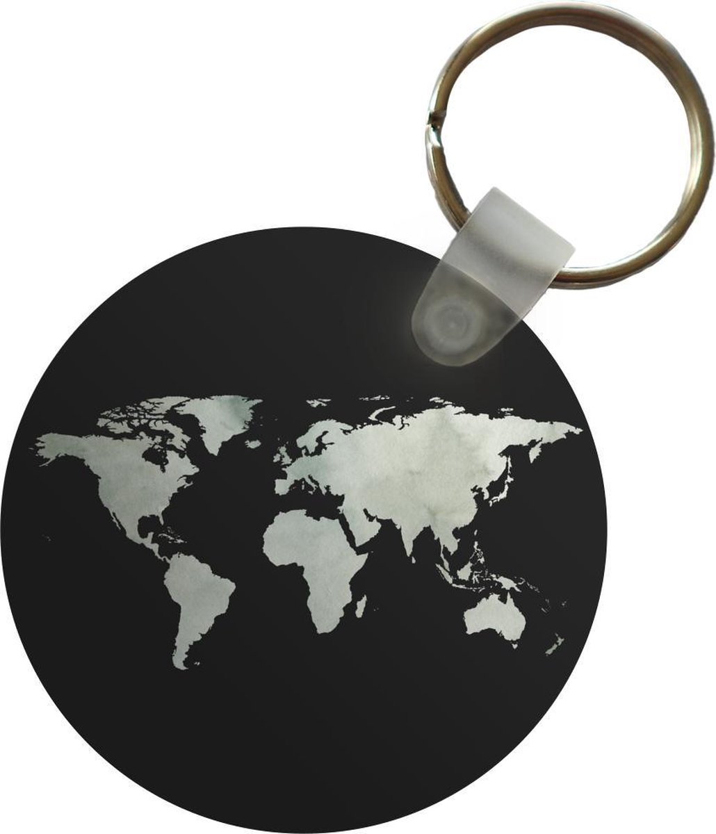 Sleutelhanger - Wereldkaart - Waterverf - Grijs - Plastic - Rond - Uitdeelcadeautjes