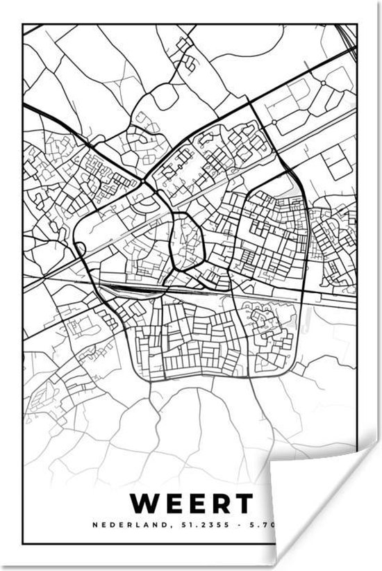 Poster Carte - Weert - Zwart - Wit - 120x180 cm XXL