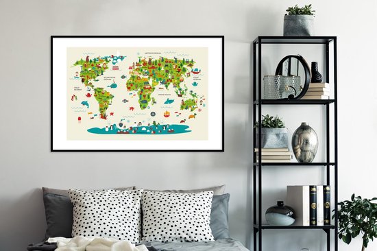Wereldkaart Enfants - Vert - Animaux - Affiche scolaire - Chambre d'enfant - 120x80 cm