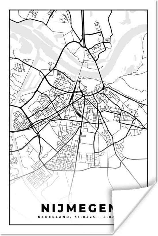 Poster Carte - Nimègue - Zwart - Wit - 120x180 cm XXL