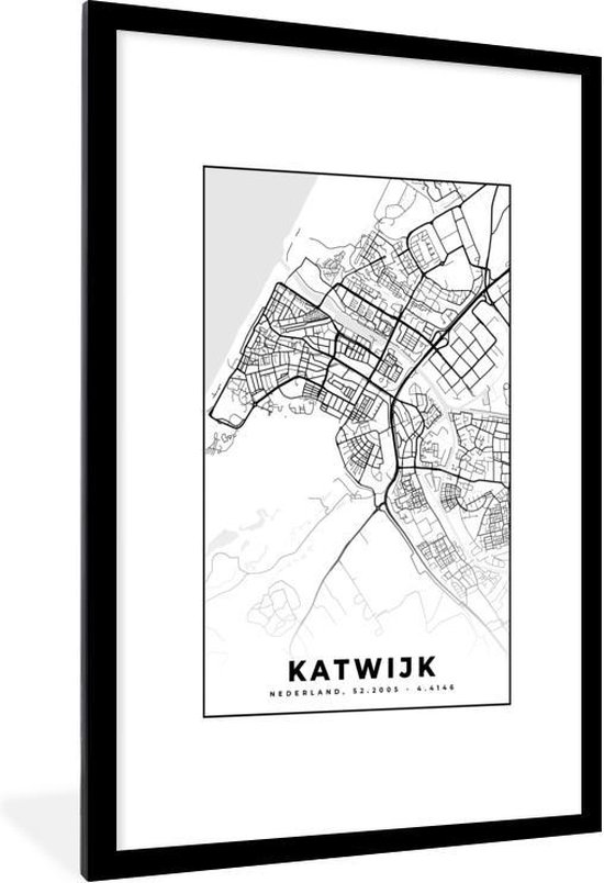 Fotolijst incl. Poster - Kaart - Katwijk - Zwart - Wit - 80x120 cm - Posterlijst