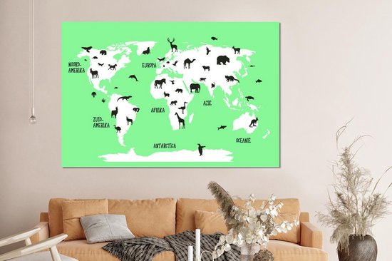 Décoration murale Métal - Peinture Aluminium - Wereldkaart Enfants - Animaux - Vert Menthe - 150x100 cm