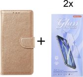Bookcase Geschikt voor: Xiaomi Poco F3 / Mi 11i - Goud - portemonee hoesje met 2 stuk Glas Screen protector