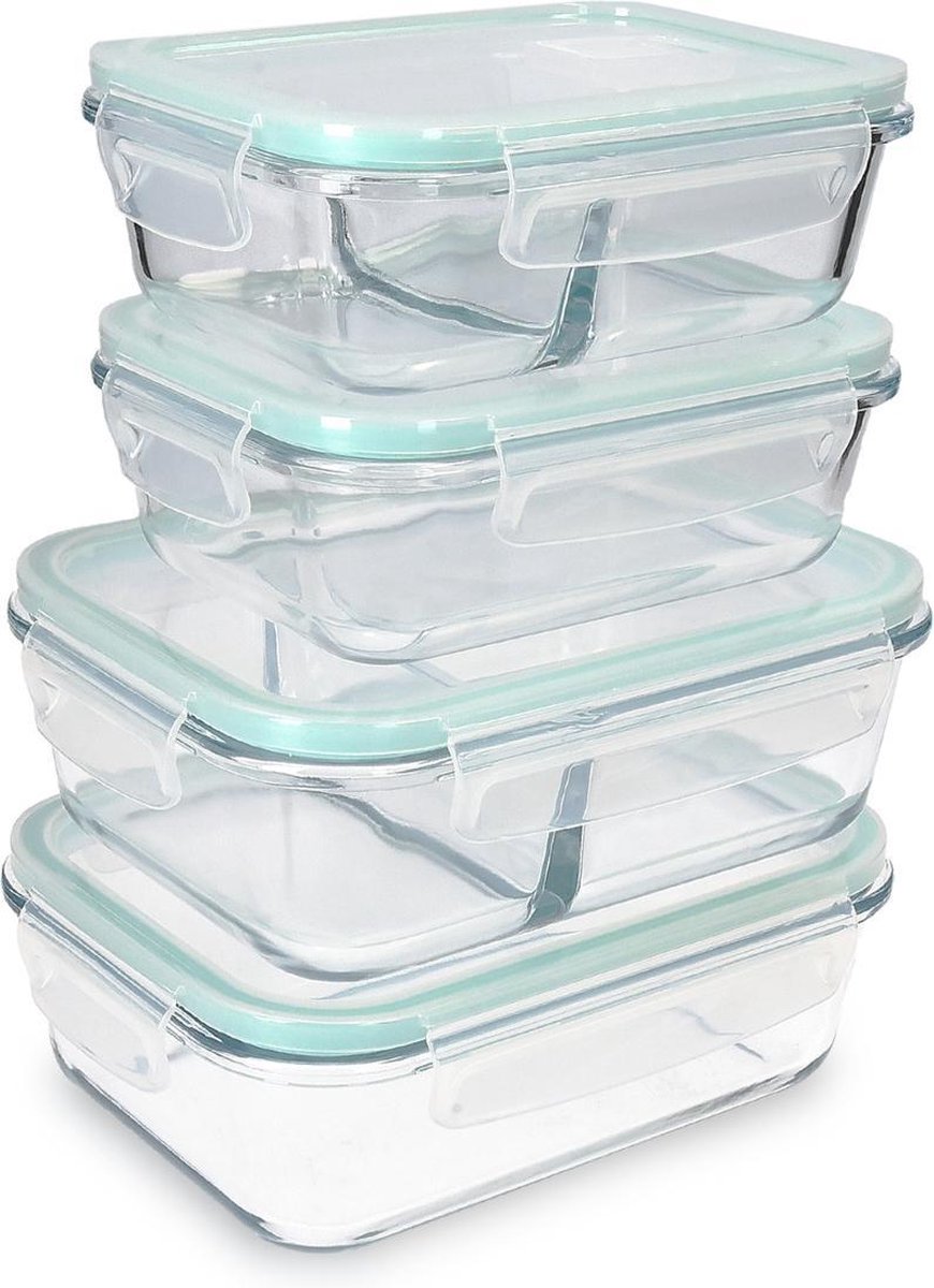 Navaris glazen vershoudbakjes 4 stuks - Meal prep bakjes met deksel - 4x vershouddoos van glas - BPA-vrij - Luchtdicht - Bewaarbakjes in 2 maten