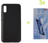 Xiaomi Redmi 9A TPU Silicone rubberen hoesje + 3 Stuks Tempered screenprotector - zwart