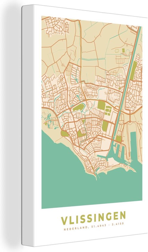 Toile Peinture Carte - Vlissingen - Vintage - 120x180 cm - Décoration murale XXL