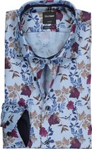 OLYMP Luxor modern fit overhemd - herringbone twill - lichtblauw bloemen dessin - Strijkvrij - Boordmaat: 40