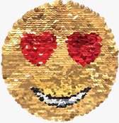 Goud Kleurige Emoji Smiley Reversible Paillette XL Op Naai Patch 16 diameter