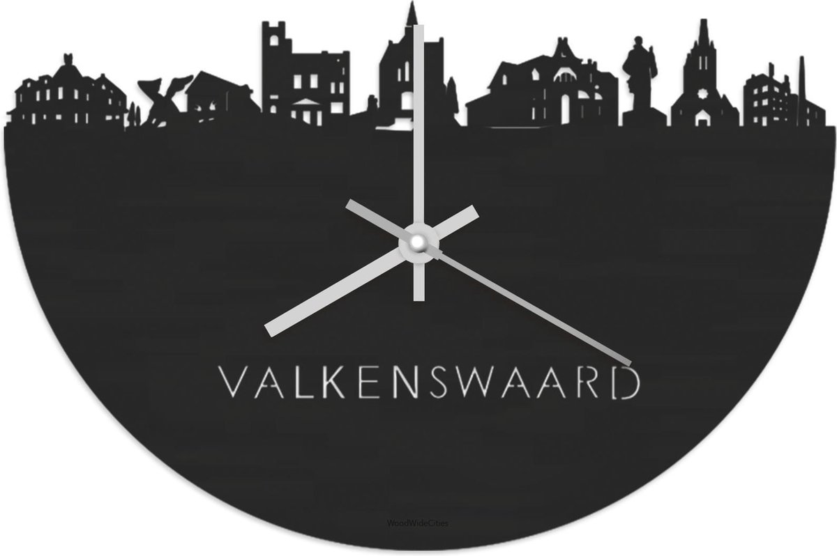 Skyline Klok Valkenswaard Zwart hout - Ø 40 cm - Stil uurwerk - Wanddecoratie - Meer steden beschikbaar - Woonkamer idee - Woondecoratie - City Art - Steden kunst - Cadeau voor hem - Cadeau voor haar - Jubileum - Trouwerij - Housewarming -