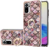 Voor Geschikt voor Xiaomi Redmi Note 10 Galvaniseren Patroon IMD TPU Schokbestendig Hoesje met Strass Ring Houder (Roze Weegschalen)