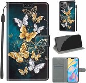 Spanningsgekleurde tekening Magnetische sluiting Horizontale flip PU-lederen hoes met houder en kaartsleuven voor iPhone 13 Pro Max (C20 goudzilver vliegende vlinders)