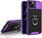 Sliding Camera Cover Design TPU + PC Magnetische schokbestendige hoes met ringhouder voor iPhone 13 mini (paars)