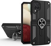 Voor Samsung Galaxy A22 4G koolstofvezelpatroon pc + TPU-beschermhoes met ringhouder (zwart)