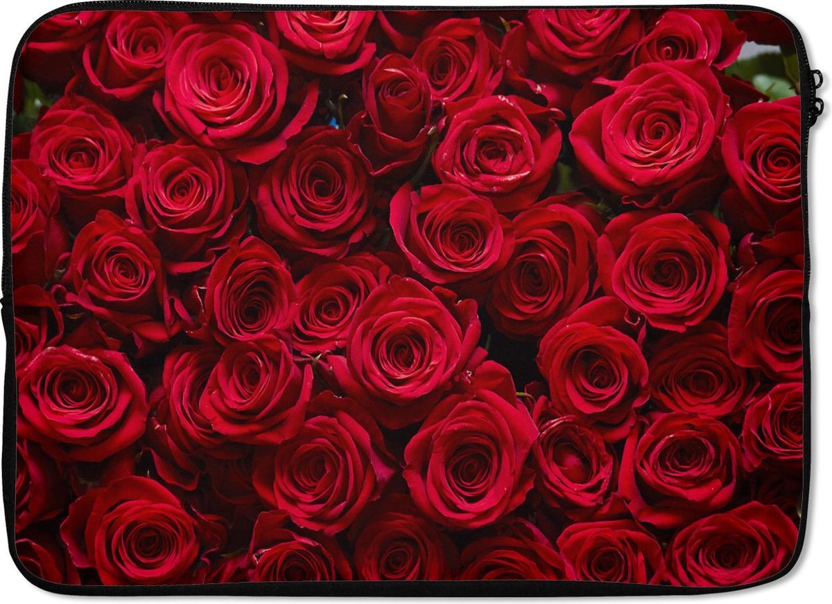Laptophoes 14 inch - Rozen - Rozenblaadjes - Rood - Laptop sleeve - Binnenmaat 33x23 cm - Zwarte achterkant