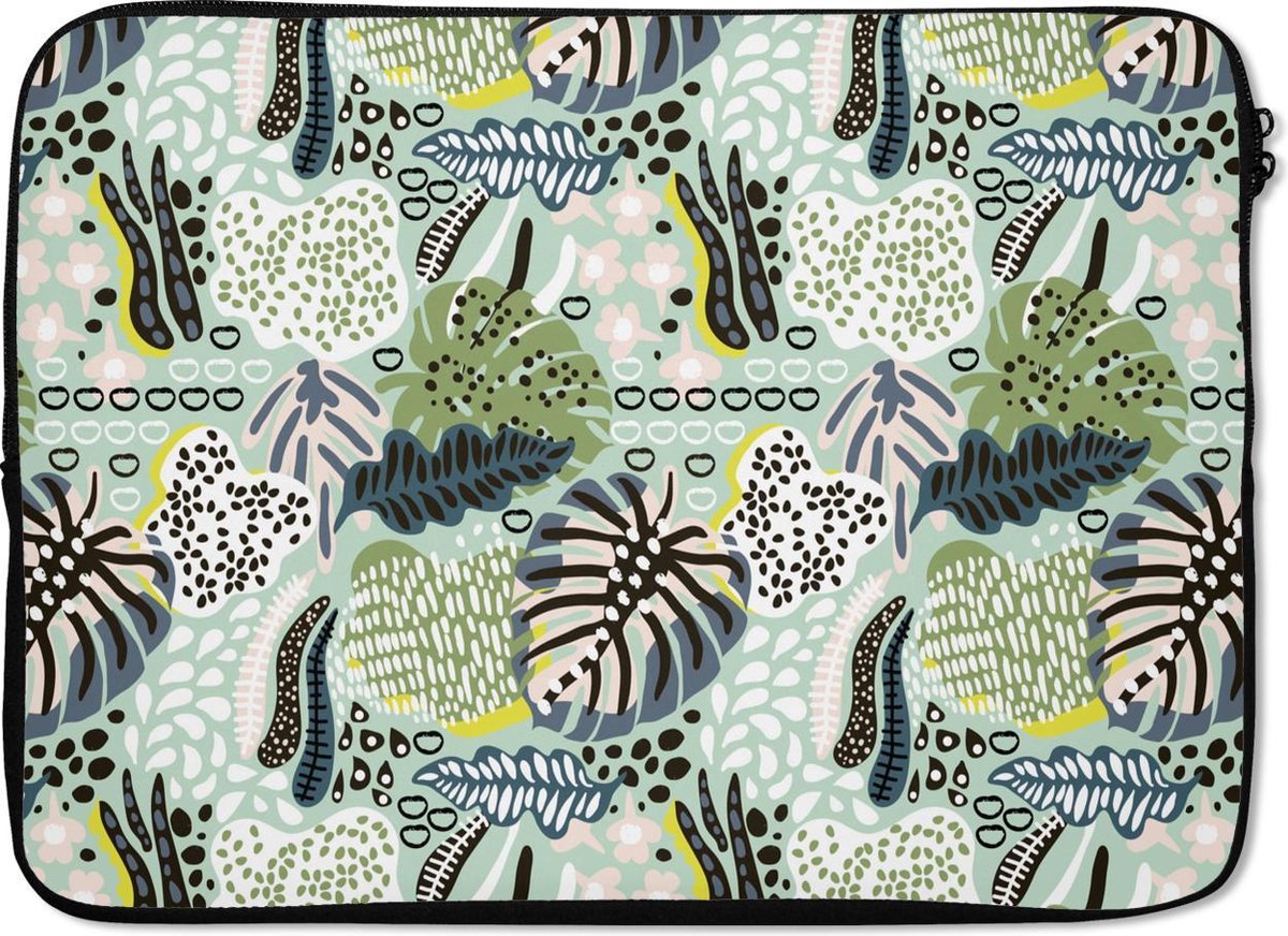 Laptophoes 14 inch - Planten - Vormen - Jungle - Patronen - Laptop sleeve - Binnenmaat 33x23 cm - Zwarte achterkant