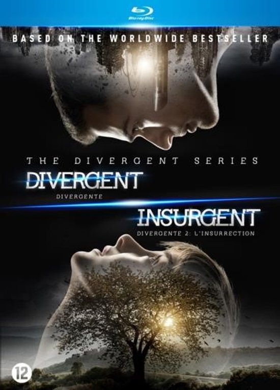 Blu-ray hoes van The Divergent Series: Insurgent, met gezichten in een dubbele belichting met stad en boom.