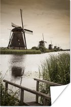 Moulins à vent de Kinderdijk en Europe avec pont en premier plan Poster 40x60 cm - Tirage photo sur Poster (décoration murale salon / chambre)
