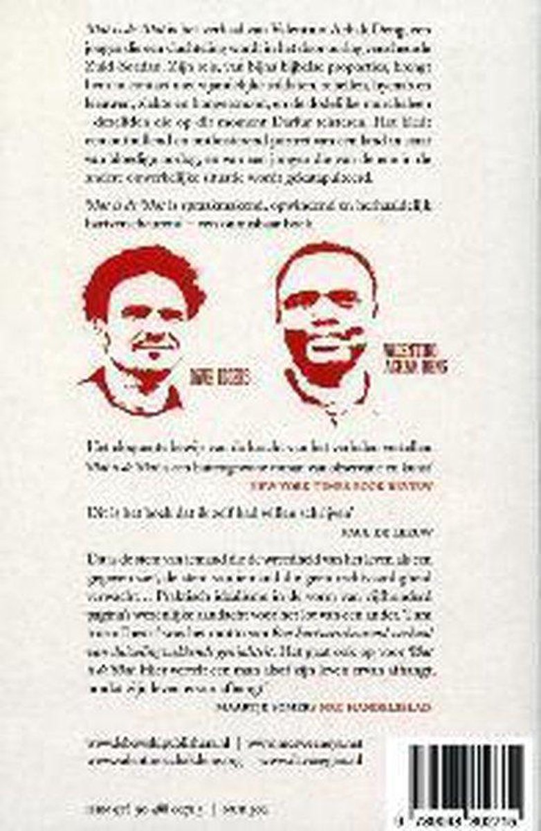 Twee rode portretten van mannen, met hun namen eronder: DAVE EGGERS en VALENTINO ACHAK DENG.