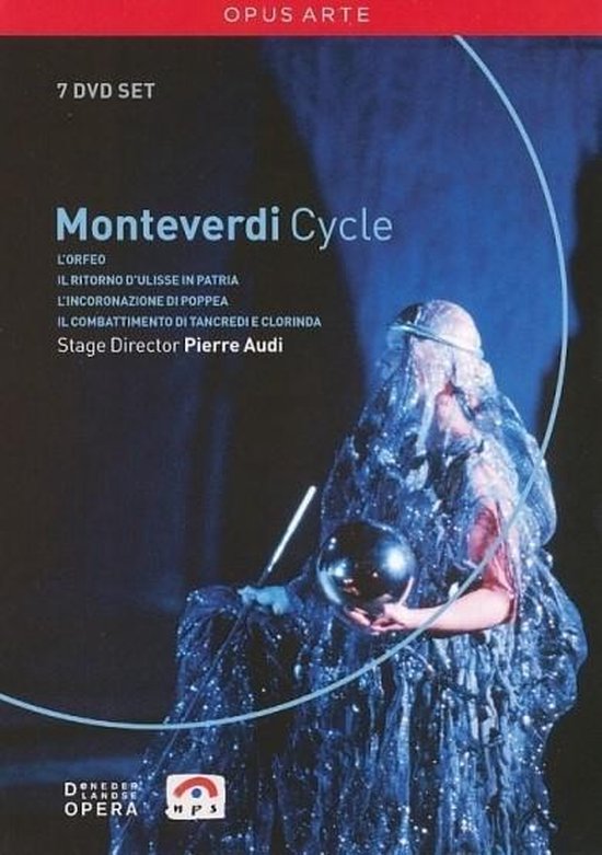7 DVD set van Monteverdi Cycle met L'Orfeo. Een figuur in een zilveren, sprankelende jurk met sluier op, houdt een bol vast. Opus Arte.
