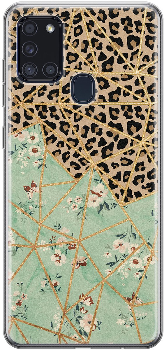 Leuke Telefoonhoesjes - Hoesje geschikt voor Samsung Galaxy A21s - Luipaard bloemen print - Soft case - TPU - Luipaardprint - Groen