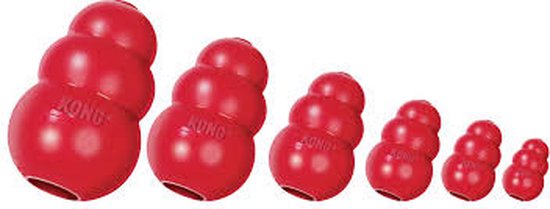 Set van zes rode KONG Classic speelgoed in verschillende maten.