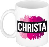 Christa  naam cadeau mok / beker met roze verfstrepen - Cadeau collega/ moederdag/ verjaardag of als persoonlijke mok werknemers