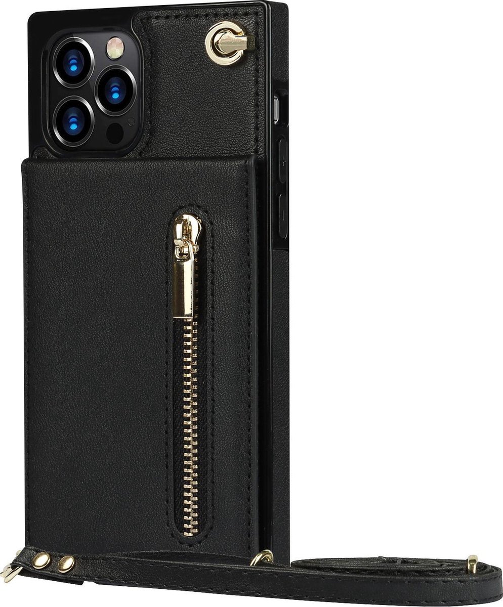 Hoesje geschikt voor iPhone 7 - Backcover - Pasjeshouder - Portemonnee - Koord - Kunstleer - Zwart