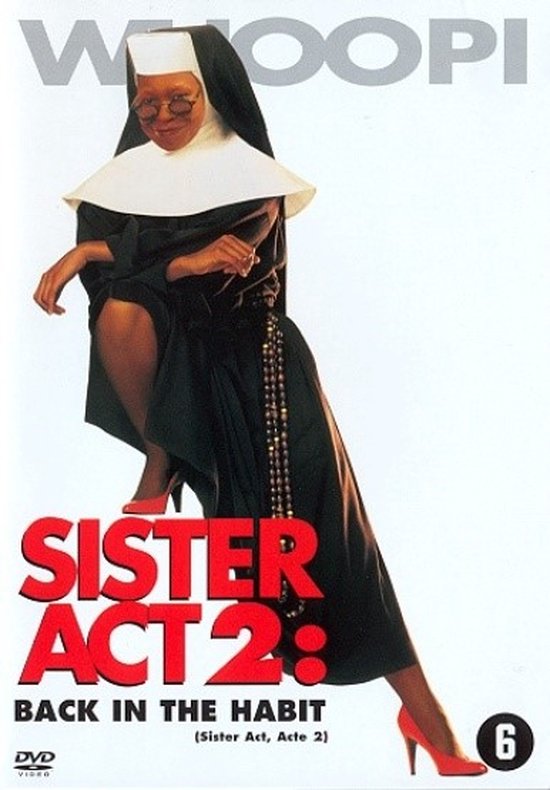 Whoopi Goldberg als non, met een rozenkrans en rode pumps. "Sister Act 2: Back in the Habit" DVD.
