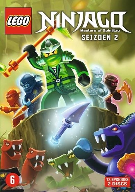 Lego Ninjago Masters of Spinjitzu - Seizoen 2 DVD-cover met groene ninja en vrienden die vechten tegen reptielen.
