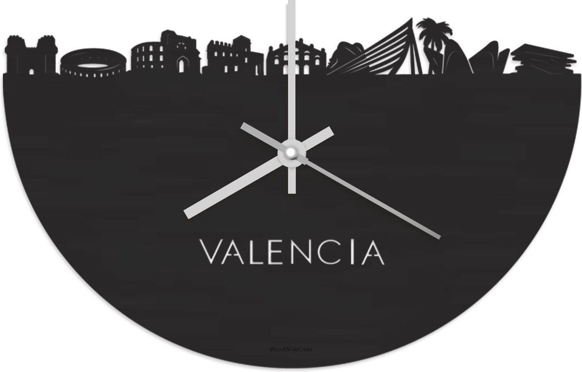 Skyline Klok Valencia Zwart hout - Ø 40 cm - Stil uurwerk - Wanddecoratie - Meer steden beschikbaar - Woonkamer idee - Woondecoratie - City Art - Steden kunst - Cadeau voor hem - Cadeau voor haar - Jubileum - Trouwerij - Housewarming - WoodWideCities