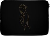 Laptophoes 14 inch - Vrouw - Zwart - Goud - Line art - Laptop sleeve - Binnenmaat 34x23,5 cm - Zwarte achterkant