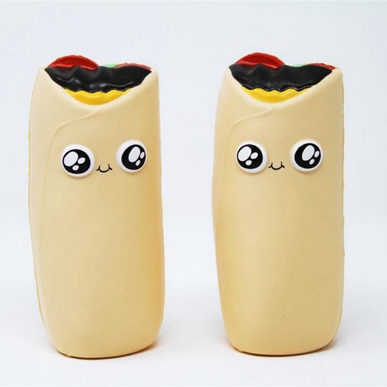 Twee zachte, lichtgele burrito's met grote, zwarte ogen en een glimlach.