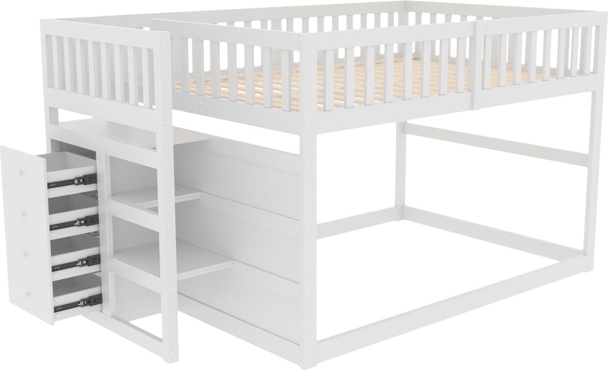 Merax Half Hoogslaper 140x200 cm - Kinderbed met Opbergruimte - Houten Bed voor Kinderen - Wit