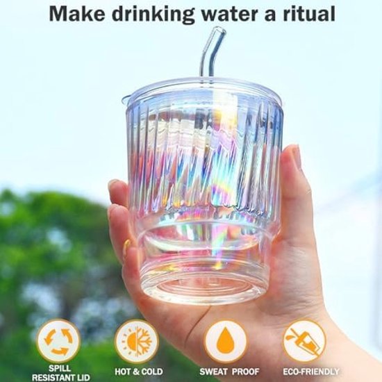 Glazen bekers van 400 ml met deksel en rietje, glazen smoothiebekers met rietje, luchtdicht, waterdicht design, koffiebeker, reiskoffiebeker, drinkglas, 2 stuks (Gekleurd