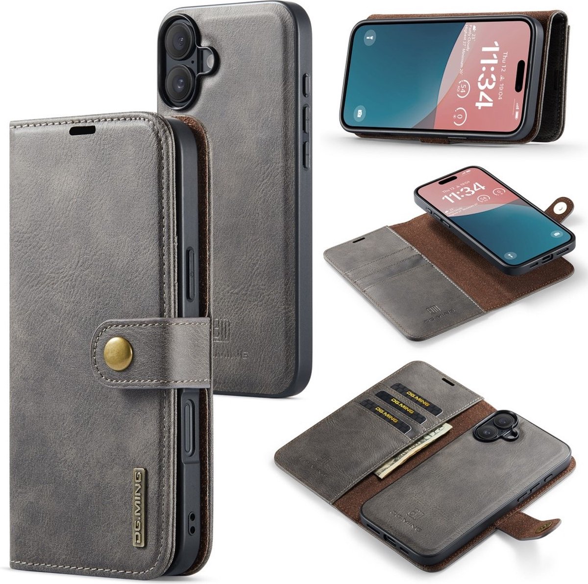 DG.MING Hoesje - Geschikt voor iPhone 16 Plus Hoesje - DG.MING 2-in-1 Book Case & Back Cover - Grijs