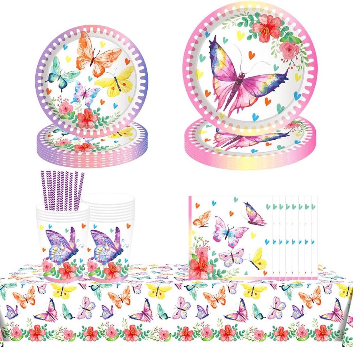 Vlinderfeestservies 70-delig - Papieren borden - Vlinder tafelkleed - Bekers en servetten - Verjaardagsfeest (8 gasten)