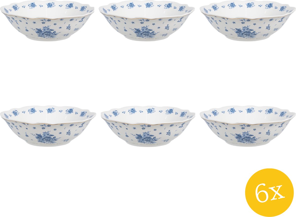 Clayre & Eef Soepkom set van 6 stuks 350 ml Wit Blauw Porselein Roosjes Serveerkom