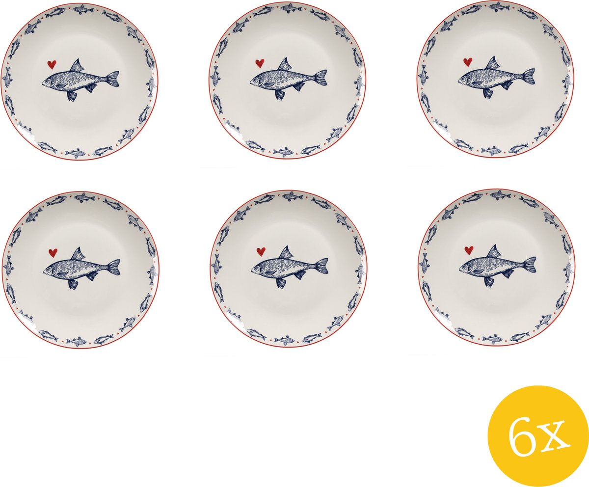 Clayre & Eef Ontbijtbord set van 6 stuks Ø 20 cm Wit Blauw Porselein Vissen Bord