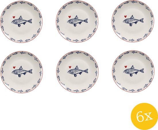 Assiettes à petit-déjeuner Clayre & Eef , lot de 6, Ø 20 cm, porcelaine Wit et Blauw , motif Pêche
