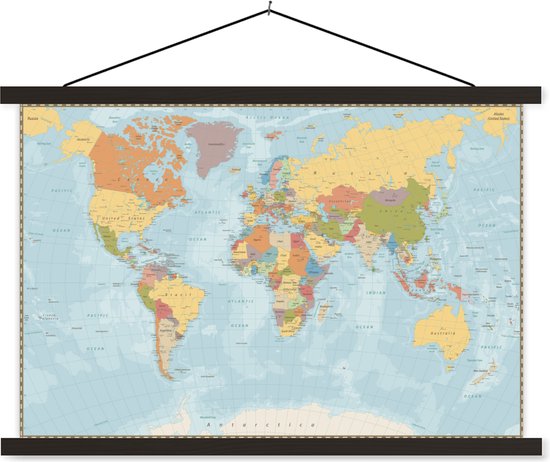 Affiche scolaire - Wereldkaart - Couleurs - Atlas - 150x100 cm - Lattes noires