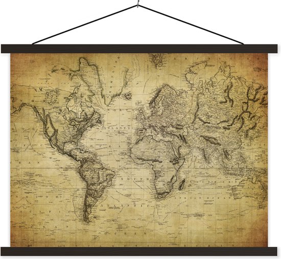 Porte-affiche avec affiche - Affiche scolaire - Carte du Wereldkaart - Vintage - Antique - Marron - Papier - 150x113 cm - Lattes noires