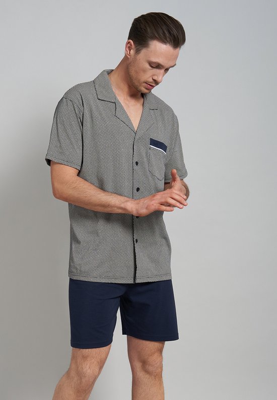 Gotzburg heren shortama met knoopjes - middenblauw mini dessin