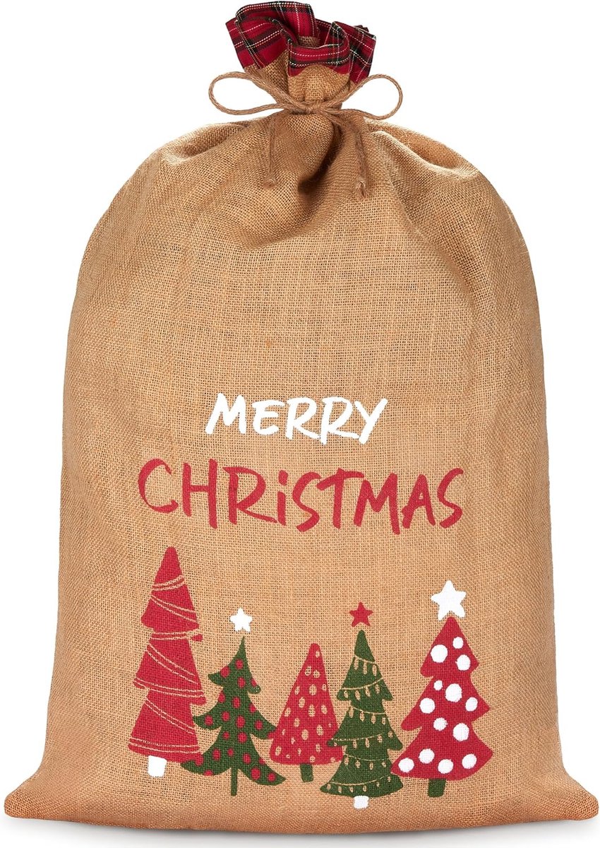 BRUBAKER Kerstzak Merry Christmas - 80 cm cadeauzak voor Kerstmis met kerstbomen - Sinterklaas zak van jute - zak met koord voor het verpakken van geschenken