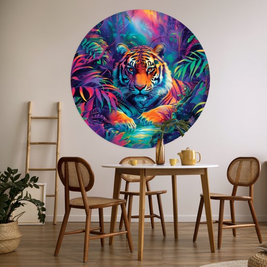 WallCircle® - Papier peint cercle 120x120 cm - Stickers muraux Tigre - Animal - Jungle - Coloré - Cercle mural chambre ado - Décoration chambre - Accessoires chambre ado - Cercle mural chambre jeunesse